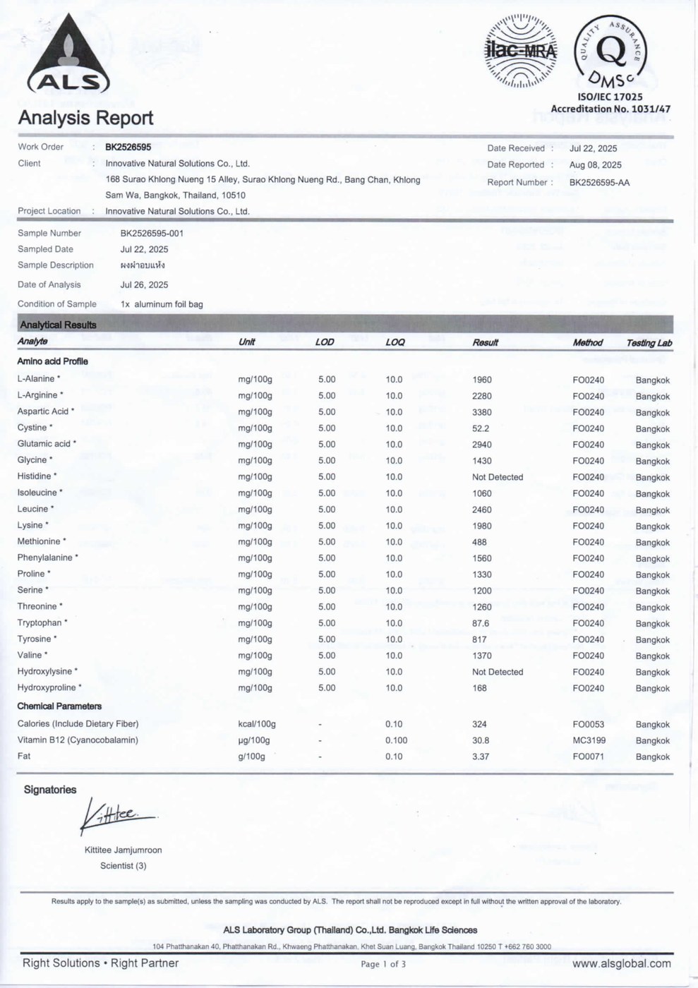 ALS analysis report — protein and vitamin B12 in dried Wolffia powder