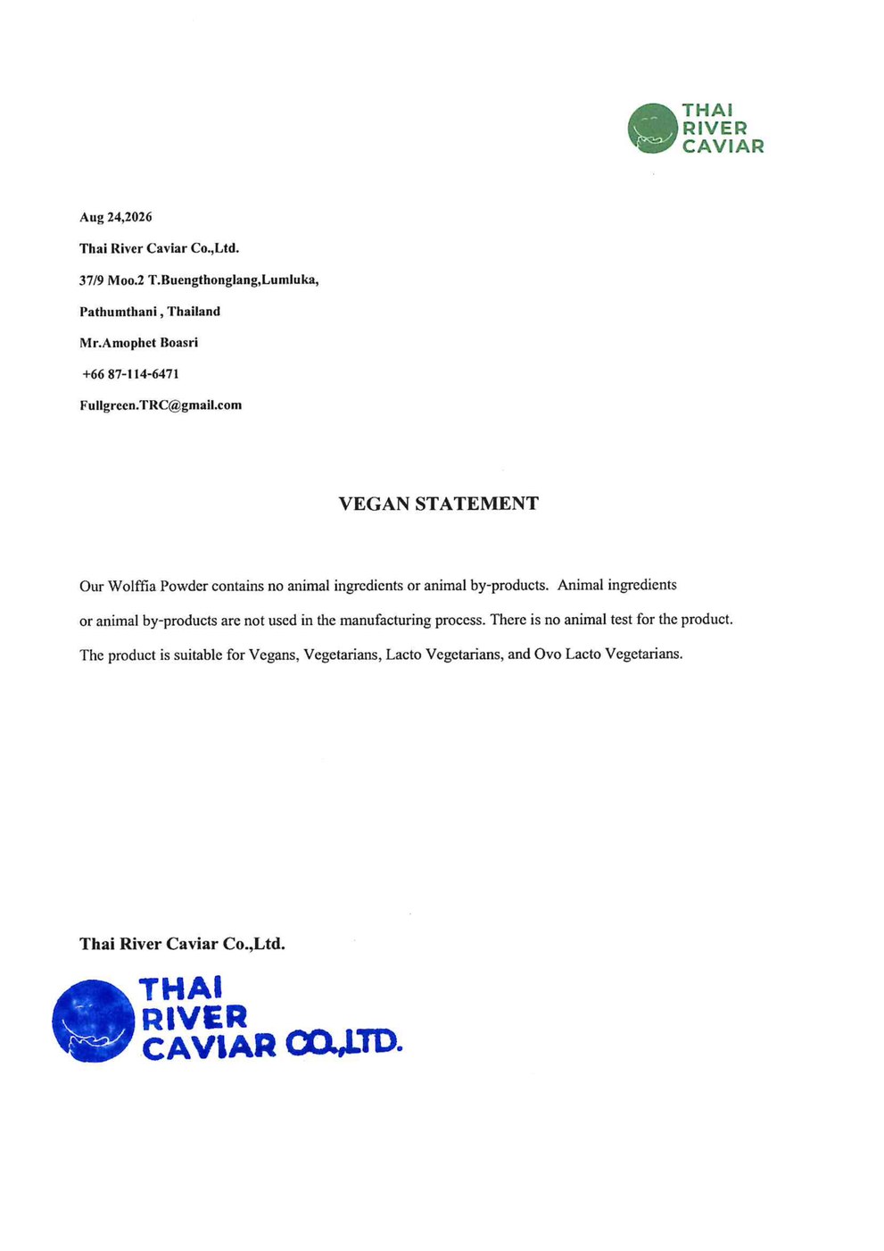 Vegan statement — Thai River Caviar Co.,Ltd.