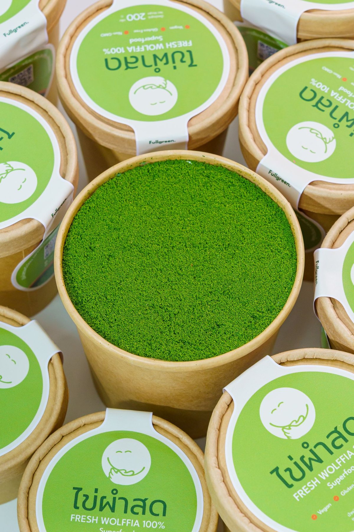 Fresh Wolffia cups from above, one open